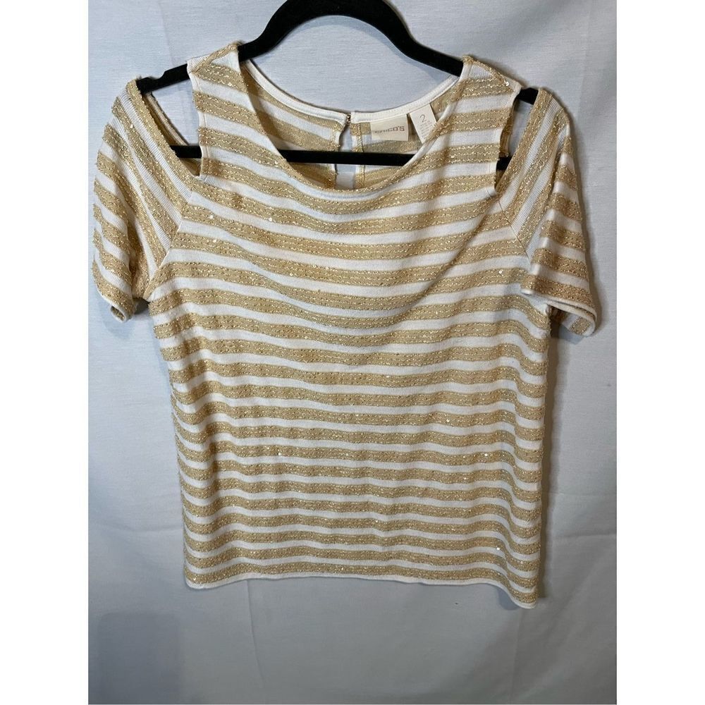 Chico’s Gold Stripe Sequin Cold Shoulder Top Size 2